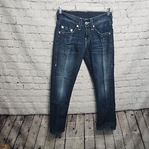 True Religion Men's Dark Blue Distressed Jeans Size 28 EUC